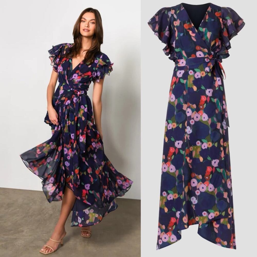 HUTCH Zola Ruffle Sleeve Wrap Dress in Navy Whimsy Watercolor Floral Small